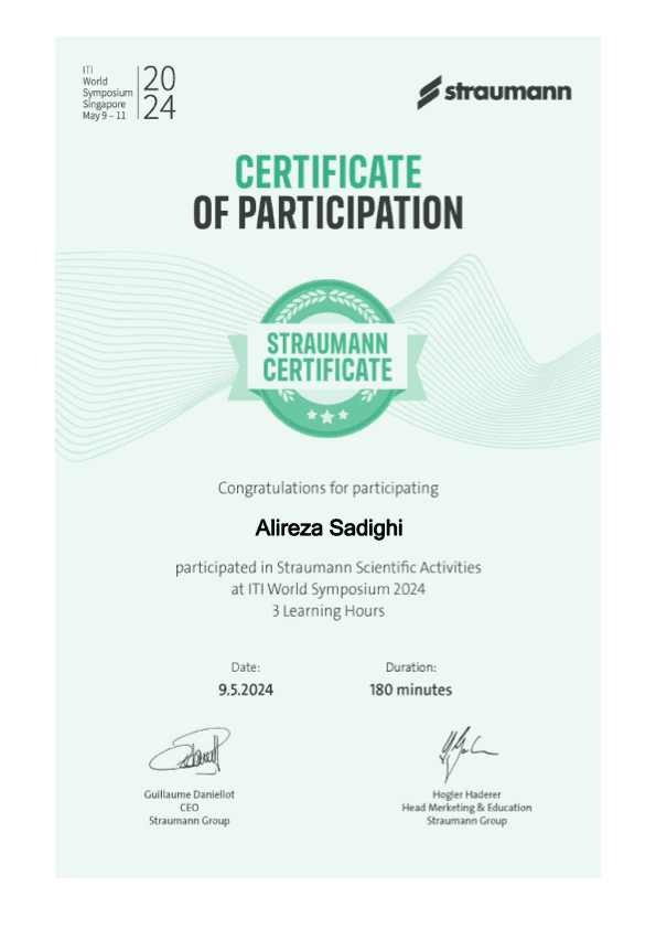 Dr. Alireza Sadighi certificate number 1